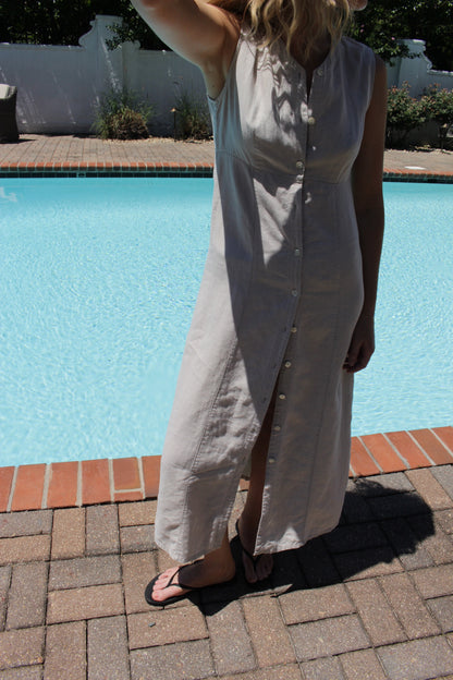 Vintage Pale Oat Buttoned Linen Dress