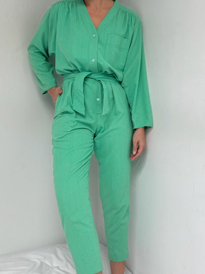 Vintage Belted Jade Raw Silk Jumpsuit