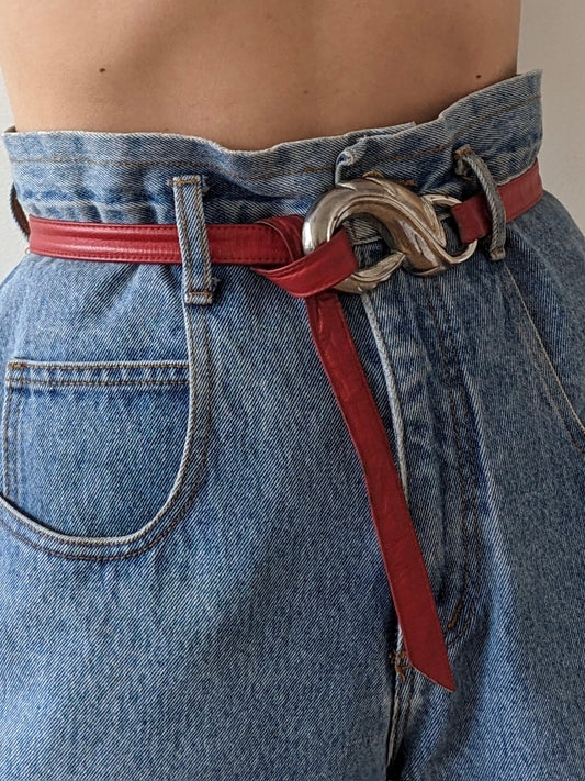Vintage Silver Buckle & Red Leather Tie Belt