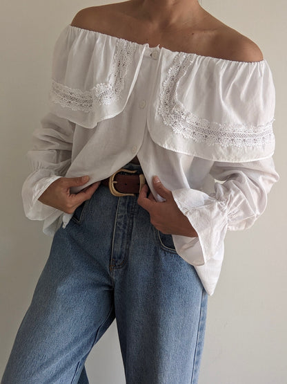 Beautiful Vintage Ruffled Lace Off-Shoulder Blouse