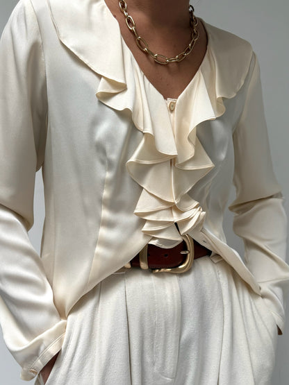 Cream Silk Charmeuse Ruffled Blouse