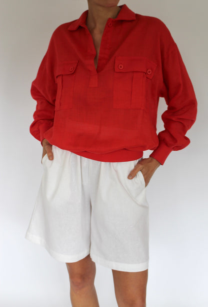 Vibrant Vintage Red Linen Collared Popover