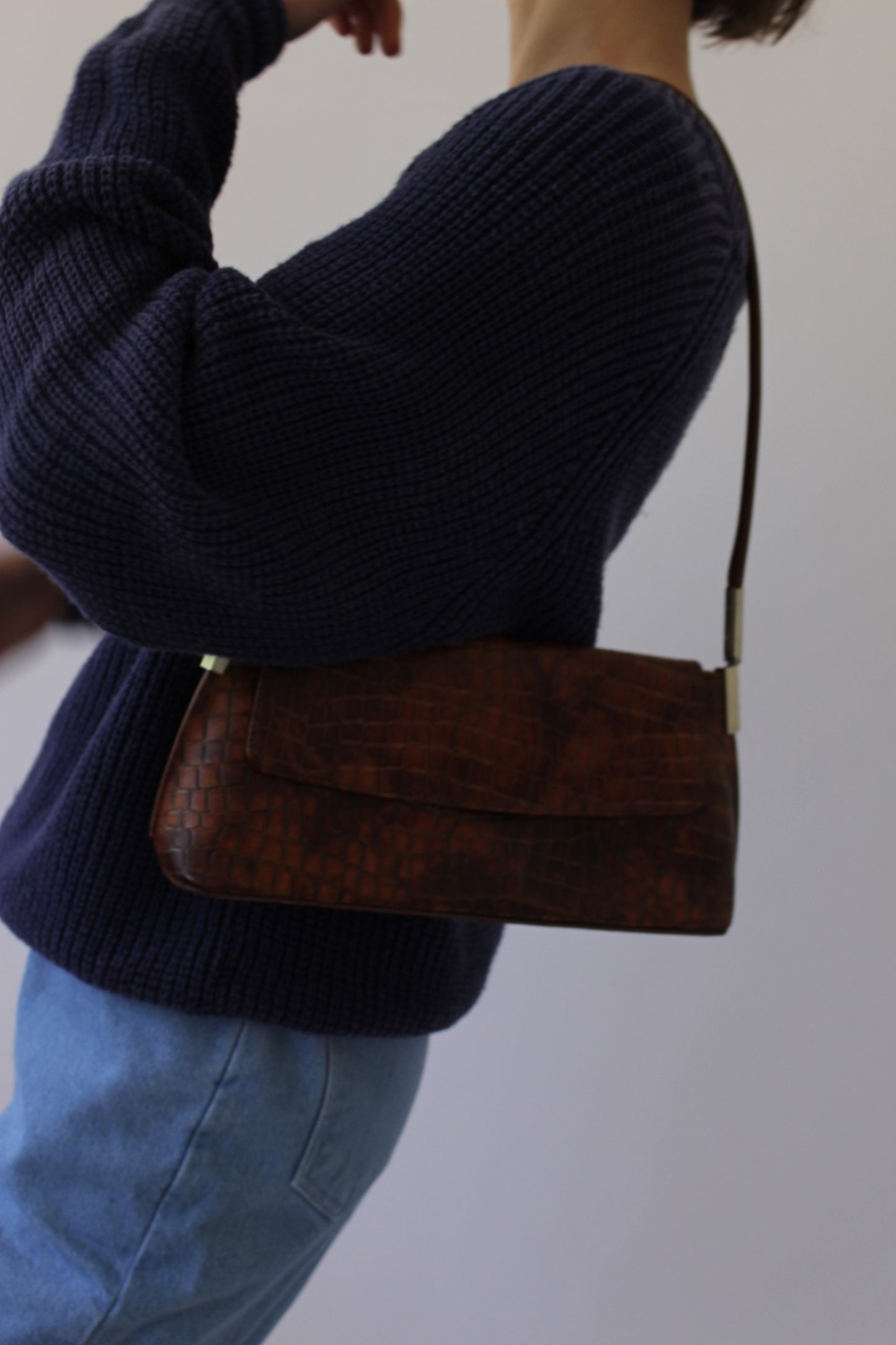 90s Croc-Embossed Leather Shoulder Bag