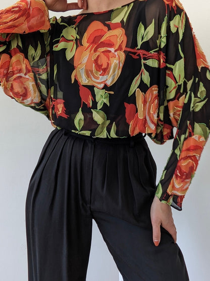 Incredible Vintage Embellished Floral Dolman Silk Blouse