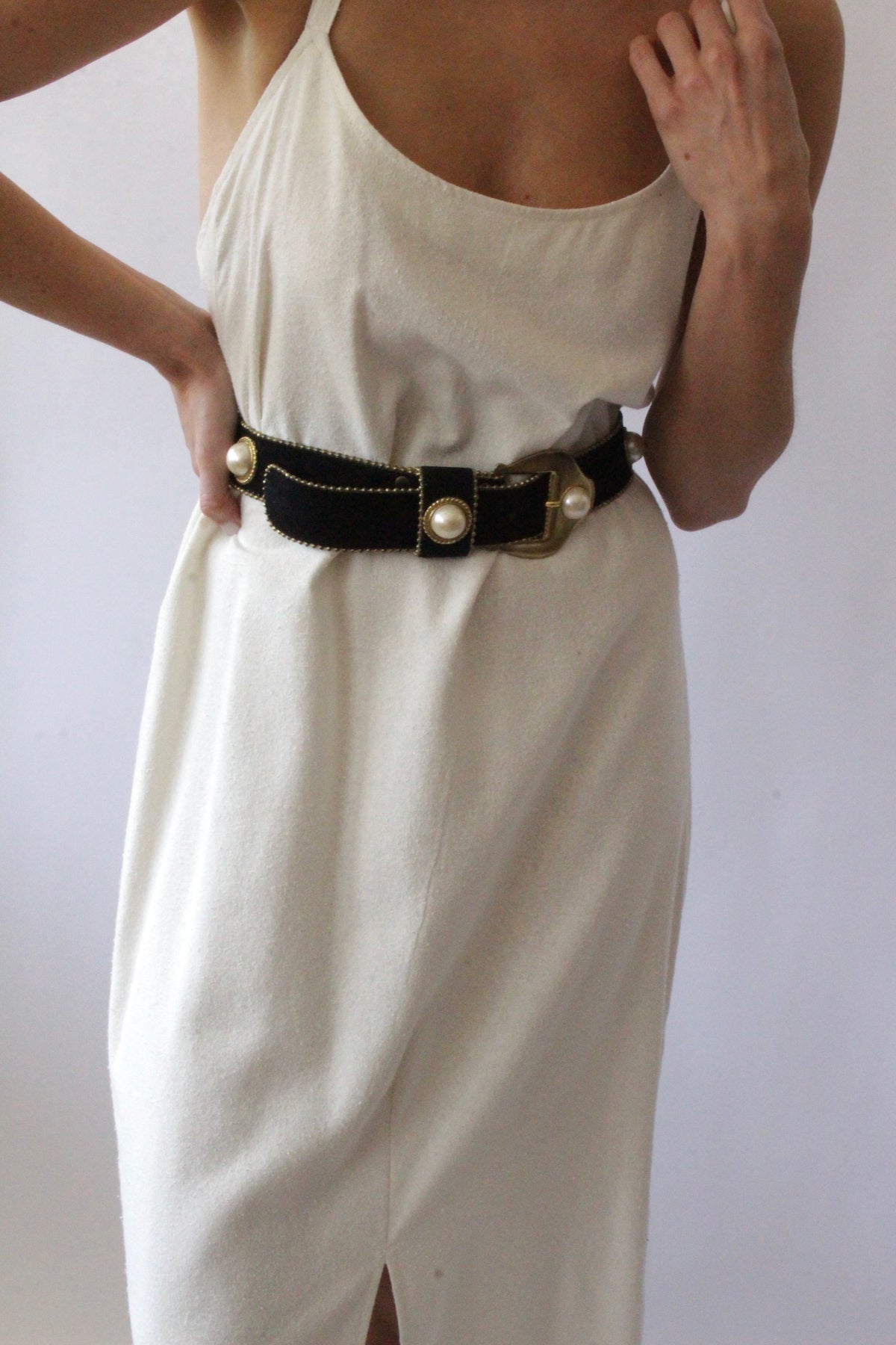 Vintage Black Suede & Faux Cabochon Pearl Belt