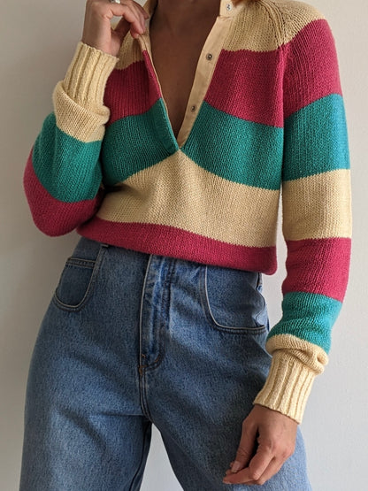 Vintage Wide Striped Snap Henley