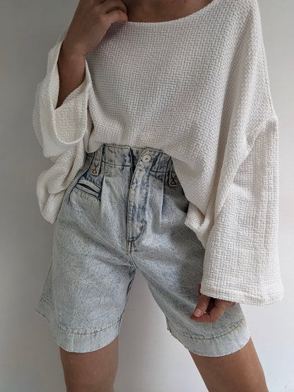 Vintage Acid-Washed Pleated Denim Shorts