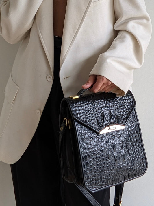 Vintage Licorice Croc-Embossed Leather Bag