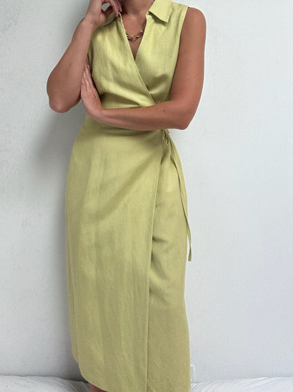 Vintage Avocado Linen Wrap Dress