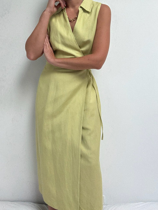 Vintage Avocado Linen Wrap Dress