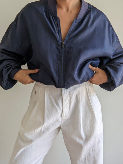 Vintage Navy Washed Silk Bomber Jacket