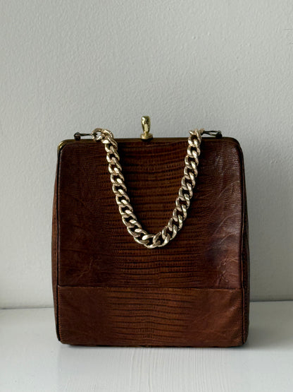 Gorgeous Vintage Lizard-Embossed Leather Handbag