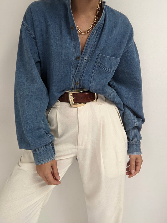 90s Collarless Denim Shirt