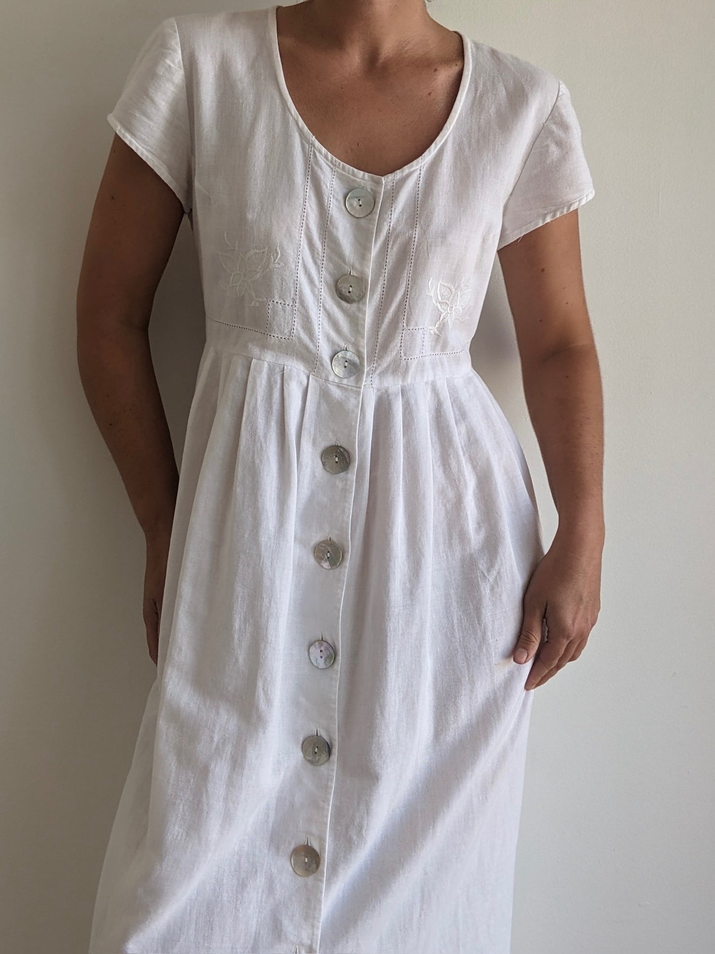 Vintage Ivory Embroidered & Pleated Dress