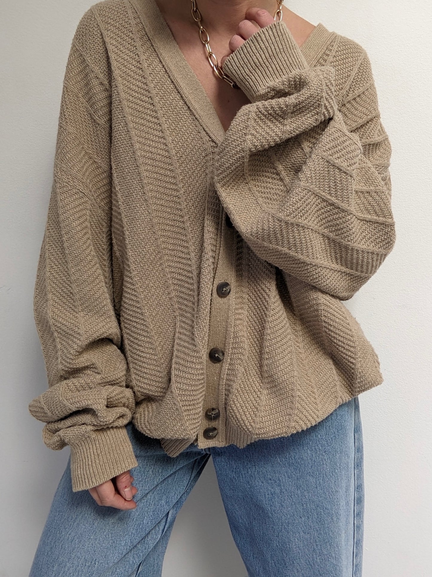 Vintage Latte Herringbone Cotton Cardigan