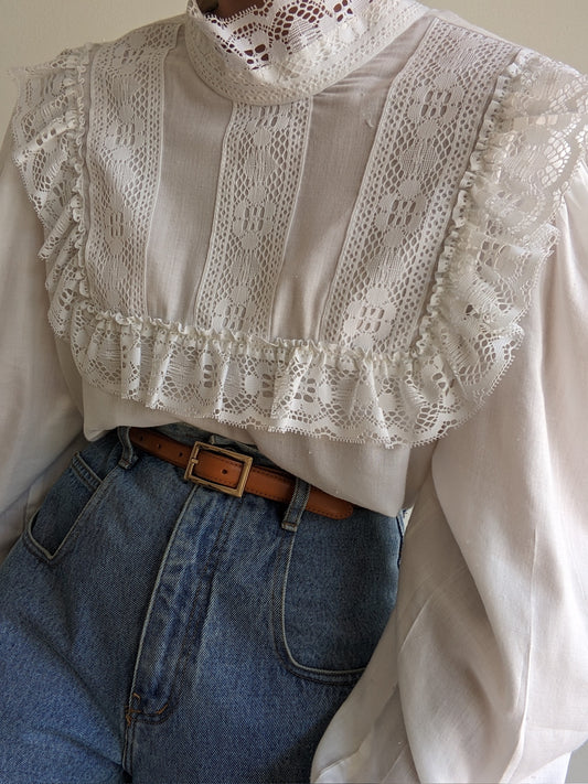 Gorgeous Vintage Eggshell Lace Bib Blouse