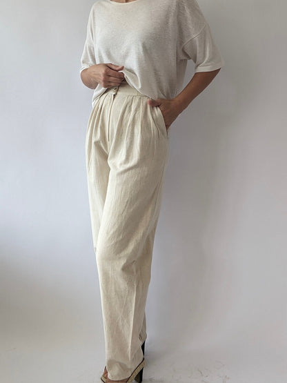 Vintage Natural Pleated Linen Trousers