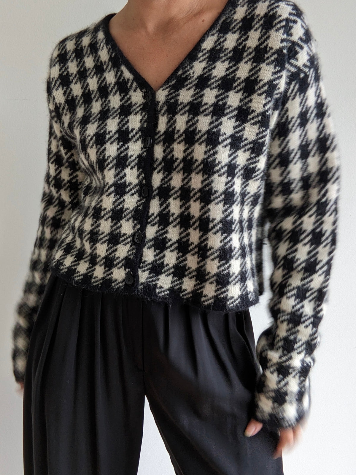 Vintage Houndstooth Angora Cropped Cardigan