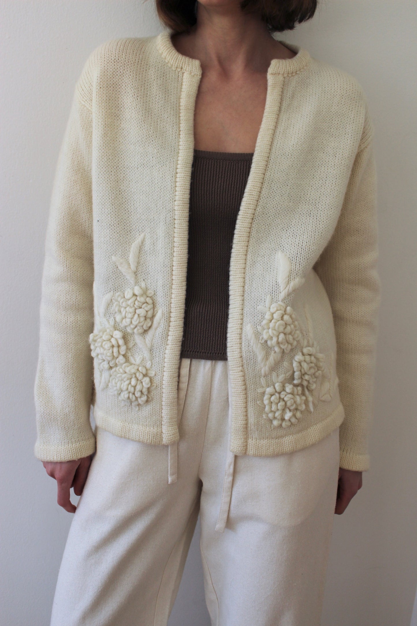 Vintage Buttercream Embroidered Wool Cardigan