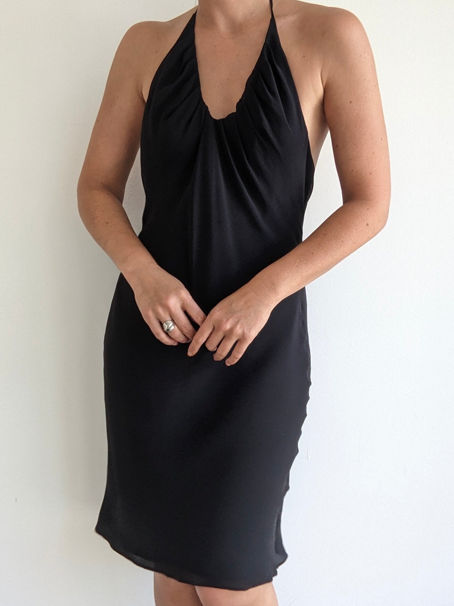 Vintage Ink Black Silk Halter Dress