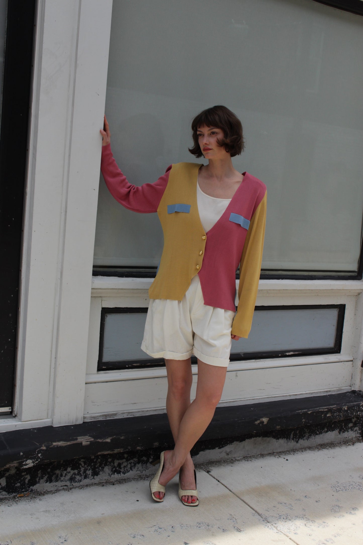 Rare 80s Vintage Color Block Silk Cardigan