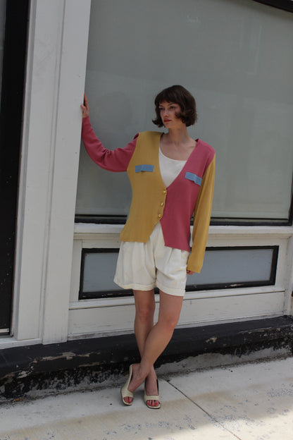 Rare 80s Vintage Color Block Silk Cardigan