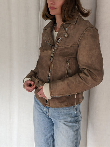 Amazing Vintage Faded Almond Leather Moto Jacket