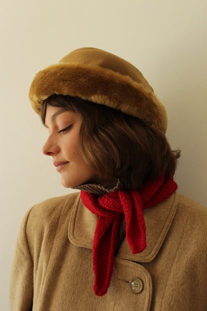 Vintage Caramel Wool Herringbone & Faux Fur Hat