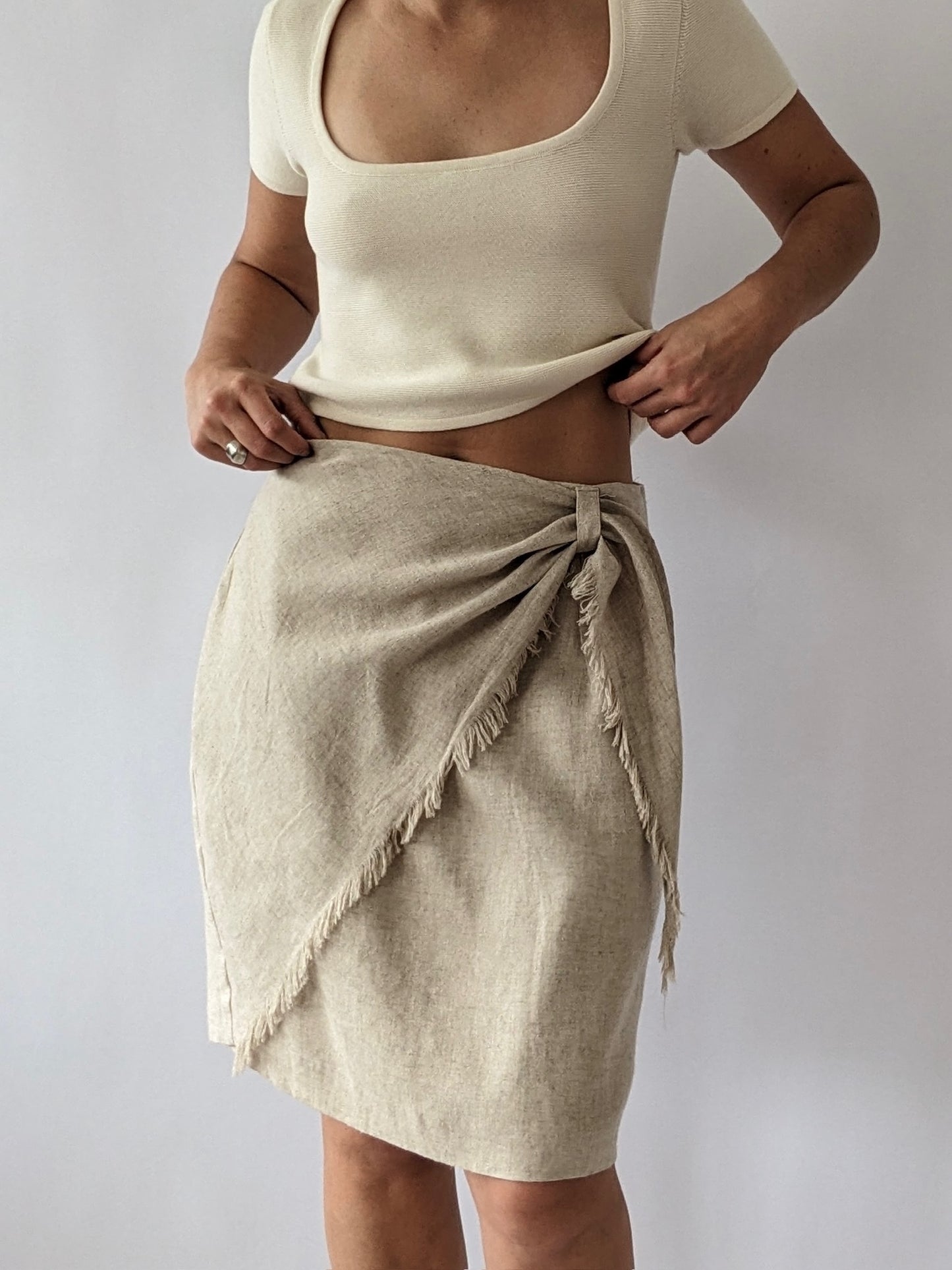 Vintage Wheat Linen Fringe Tie Skirt