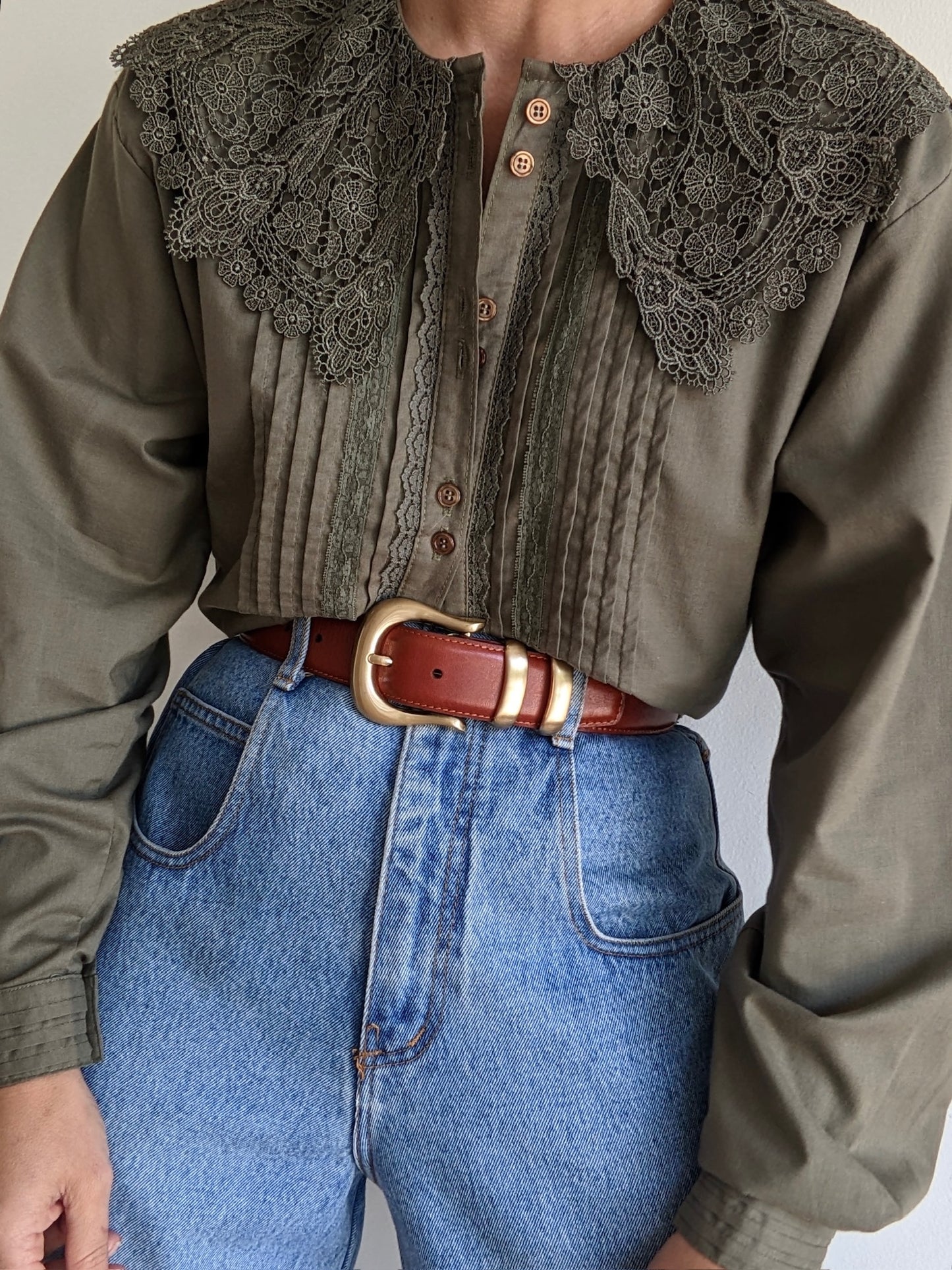 Vintage Olive Lace-Collared Blouse