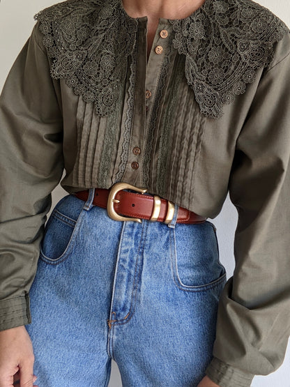 Vintage Olive Lace-Collared Blouse