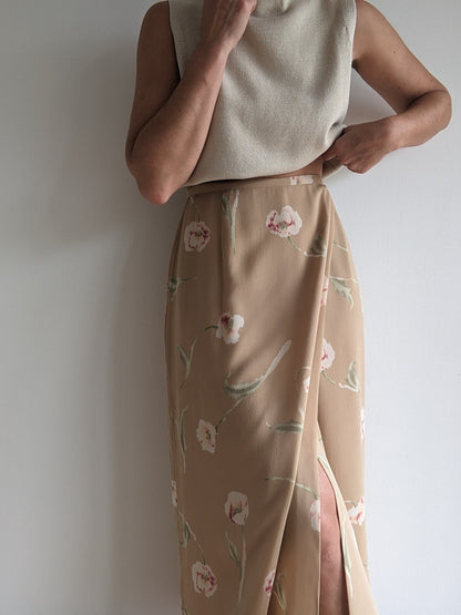 Vintage Floral Silk Wrap Skirt