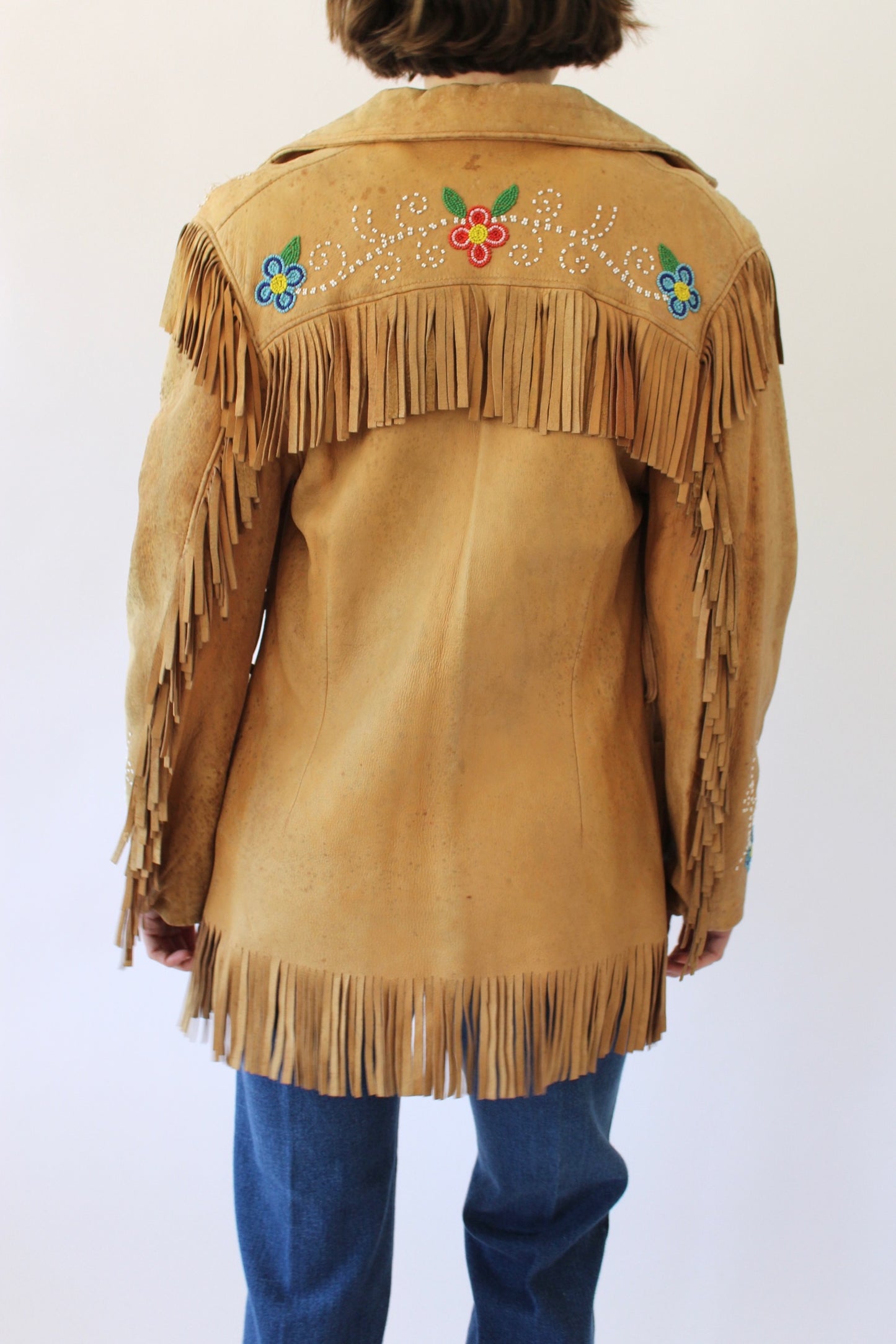 Vintage Floral Beaded Fringe Leather Jacket