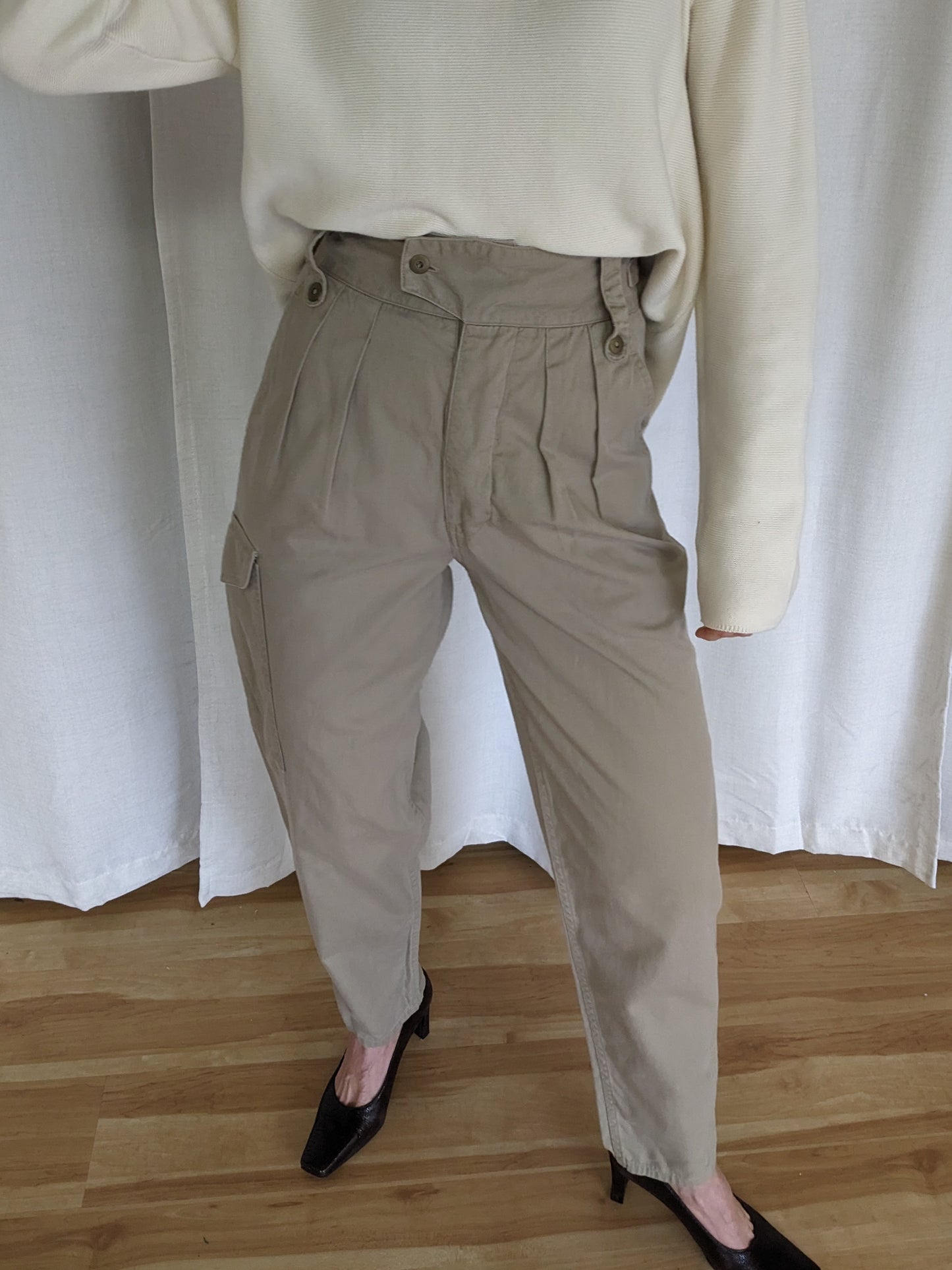 Vintage Pleated Cotton Twill Cargo Pants