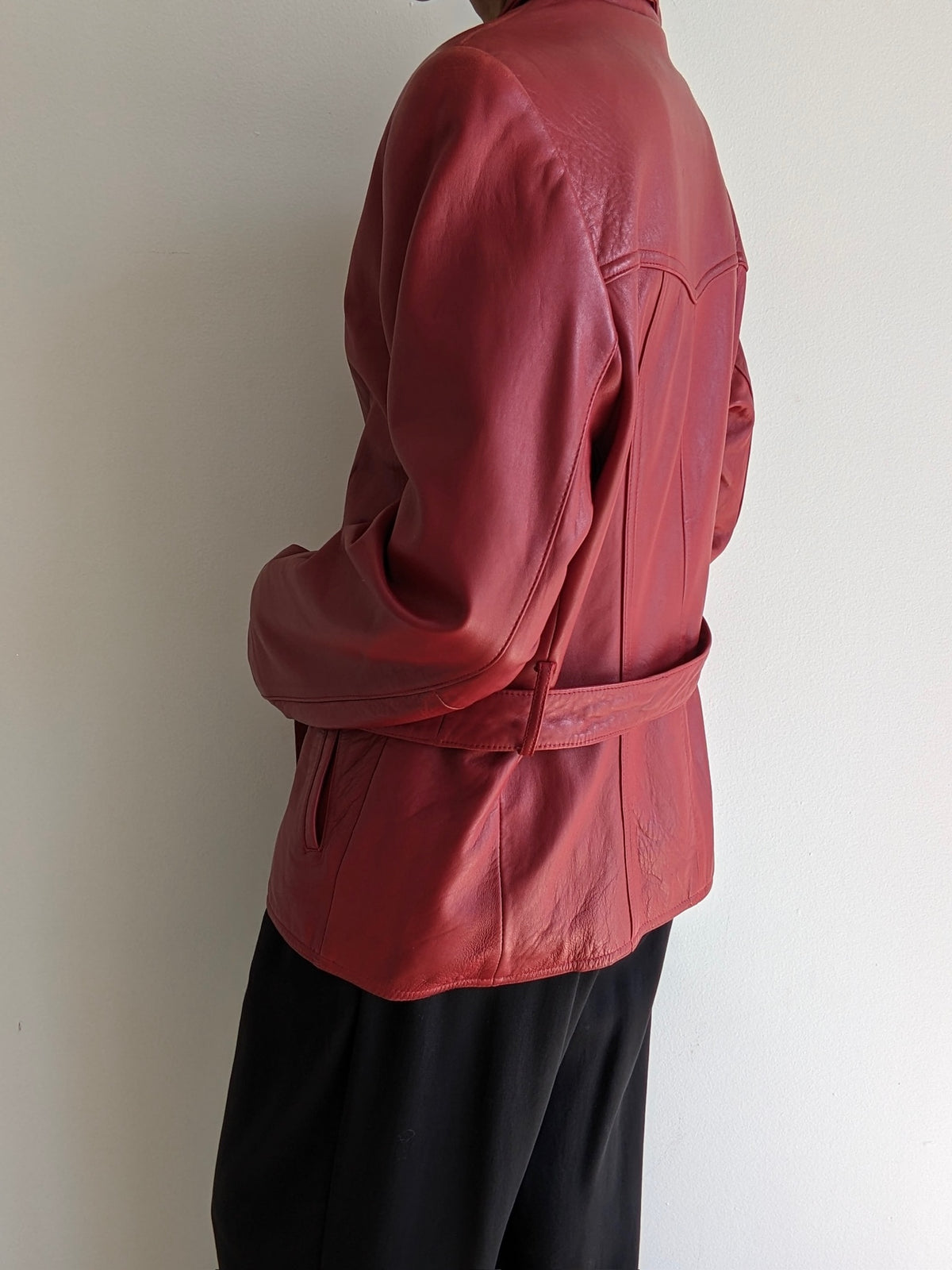 Vintage Crimson Lambskin Leather Belted Jacket