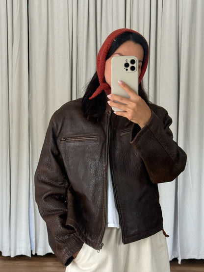 Vintage Tobacco Pebbled Leather Crop Jacket