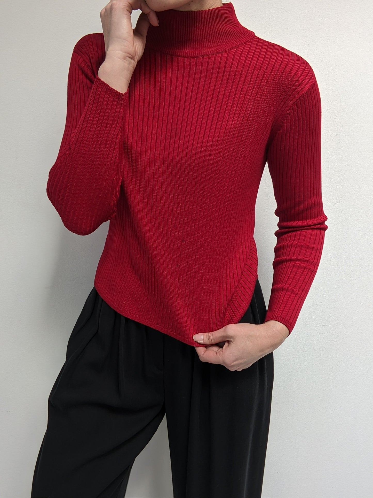 Vintage Crimson Ribbed Silk Mock Neck