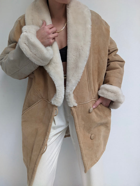 Rare Vintage Sand Suede & Faux Fur Coat