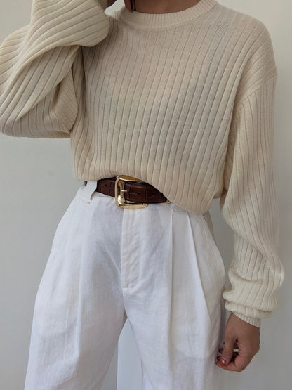 Vintage Cream Silk & Cashmere Ribbed Pullover