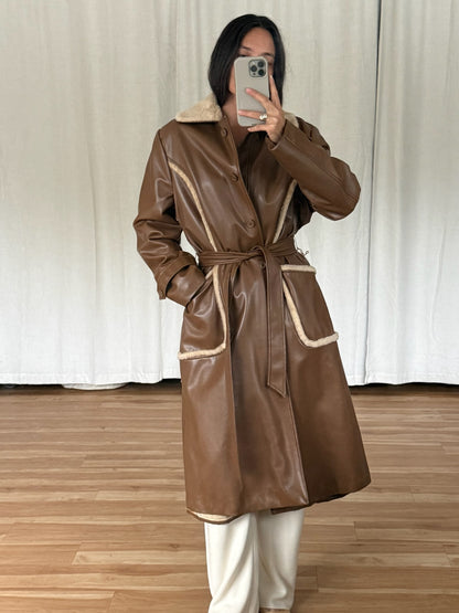 Vintage Chocoate Vegan Leather Belted Coat