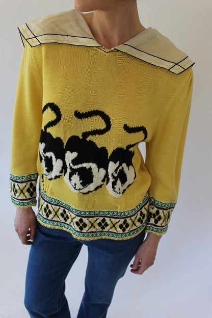 Fun Vintage Cat Trio Collared Knit