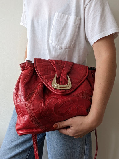 Bold Vintage Embossed Leather & Snakeskin Bucket Bag