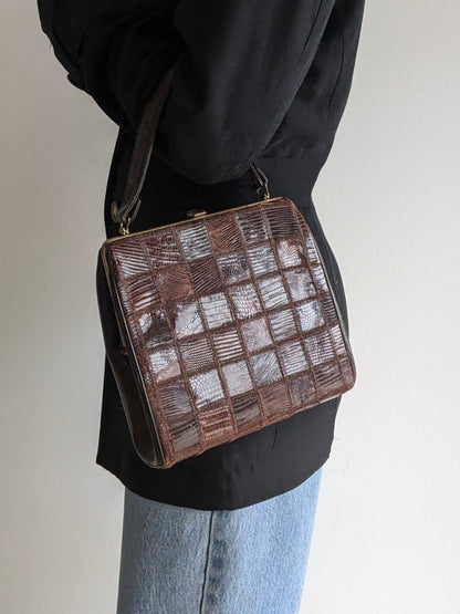 Vintage Patchwork Reptile-Embossed Leather Handbag