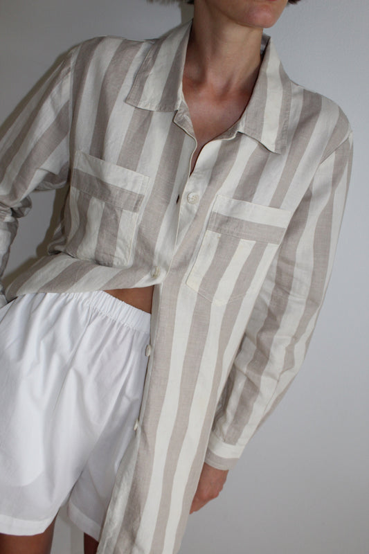 Vintage Striped Linen Pleated-Back Button Up