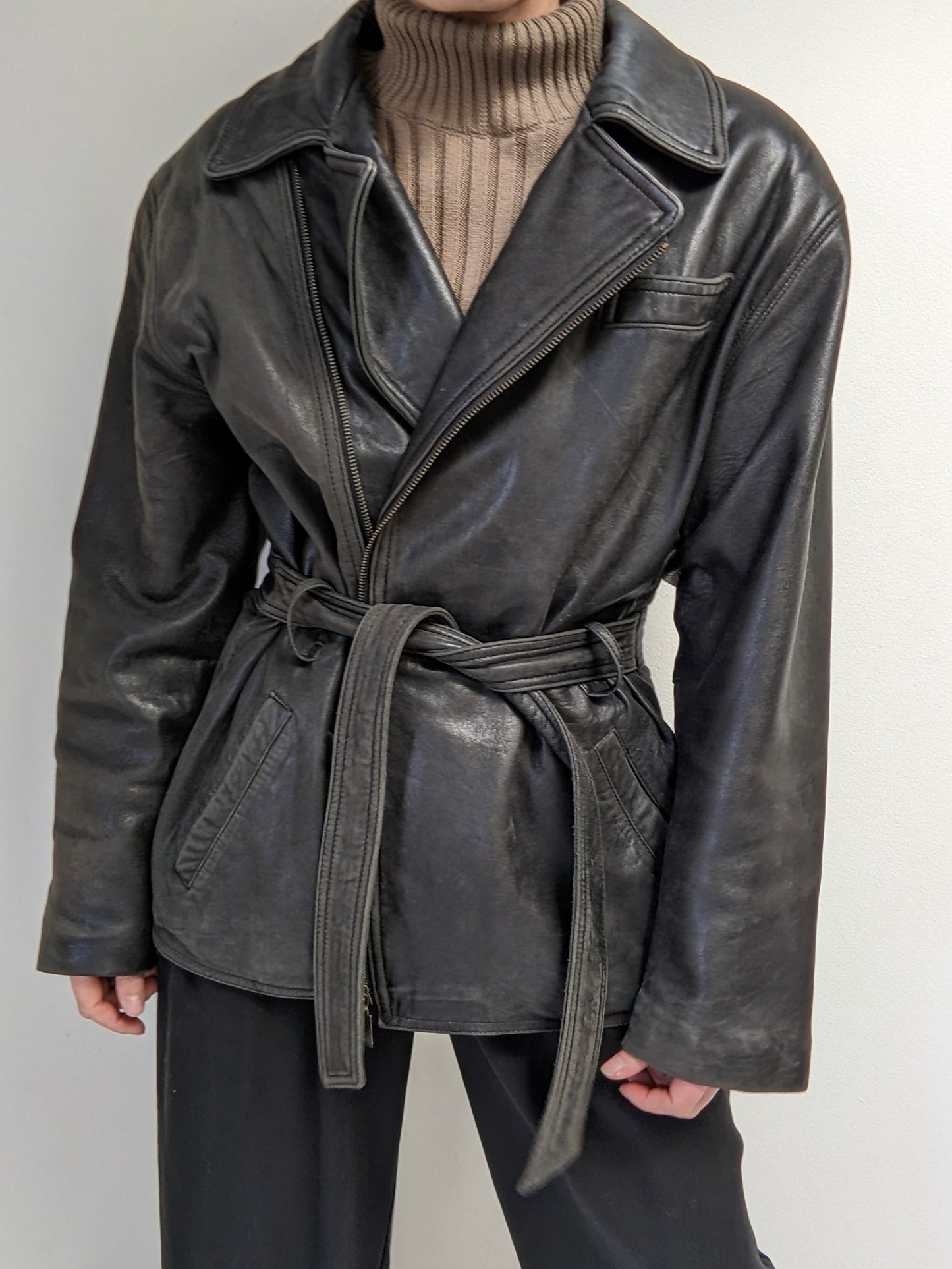 Vintage Faded Black Belted Lambskin Leather Coat