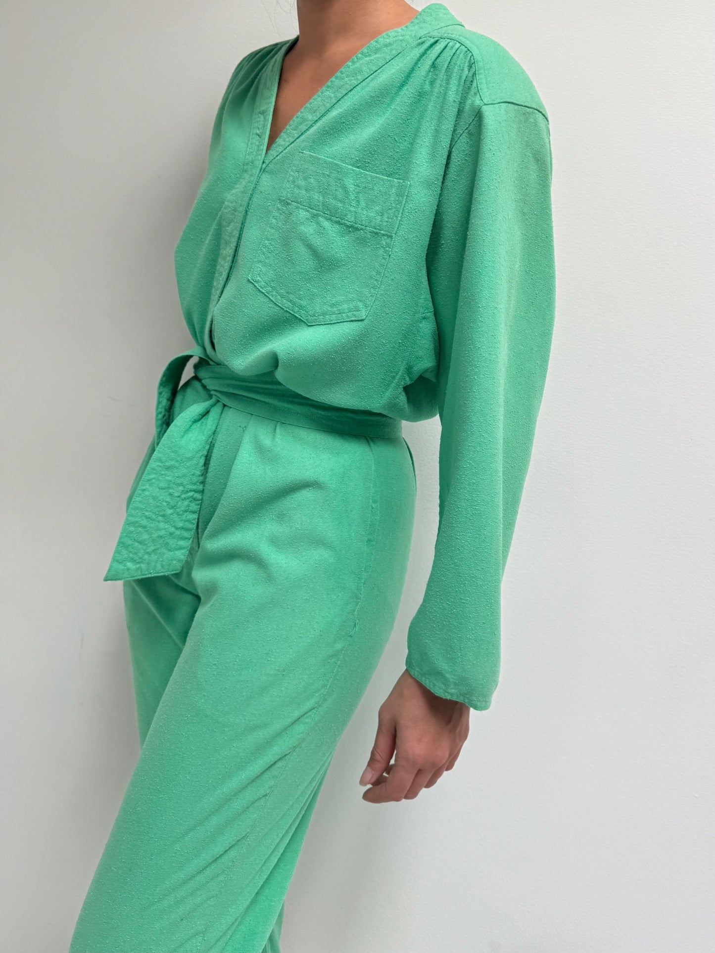 Vintage Belted Jade Raw Silk Jumpsuit