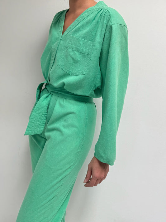 Vintage Belted Jade Raw Silk Jumpsuit