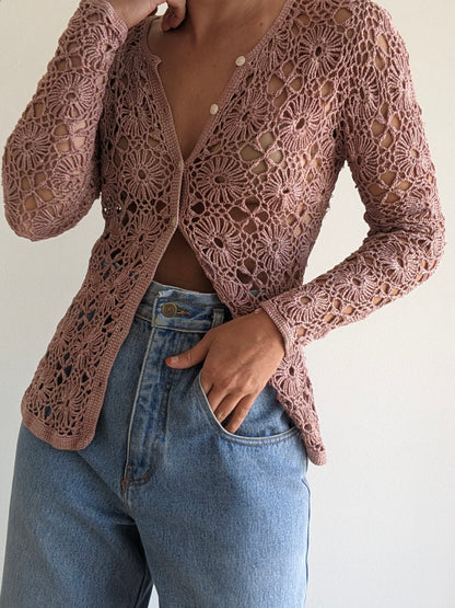 Vintage Mauve Crocheted Cardigan