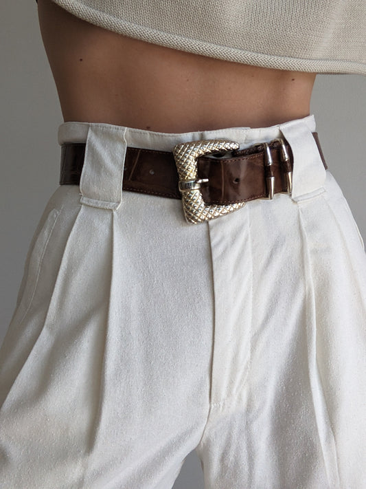 Statement Vintage Croc-Embossed Leather Belt