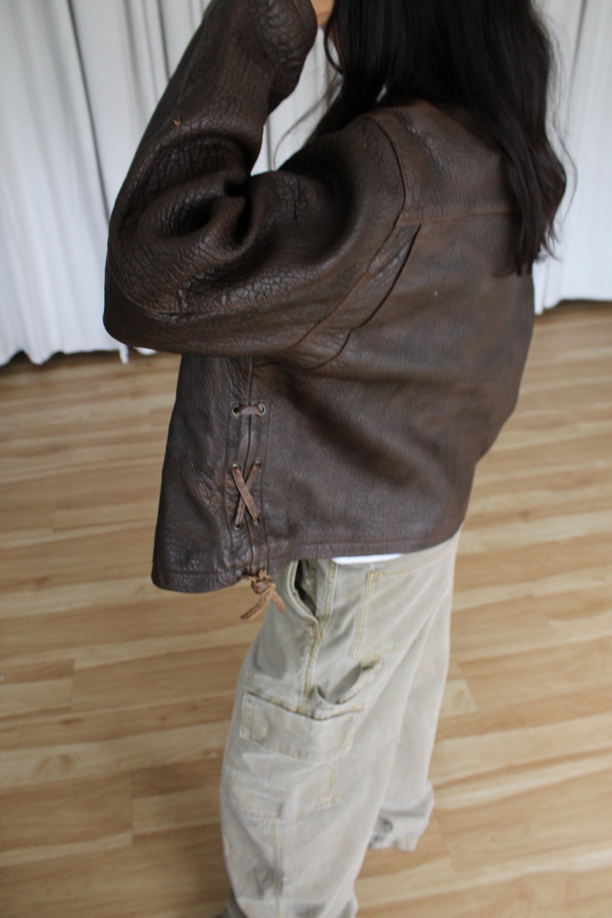 Vintage Tobacco Pebbled Leather Crop Jacket